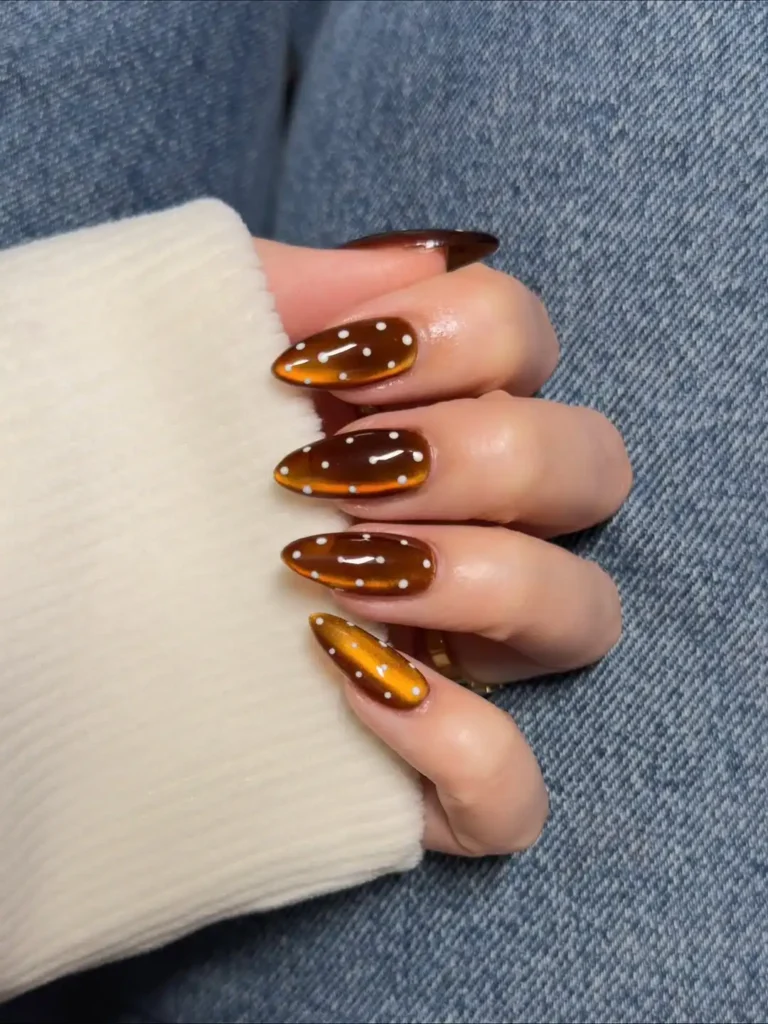 Amber Glow Polka Dot Cat Eye Fall Nails