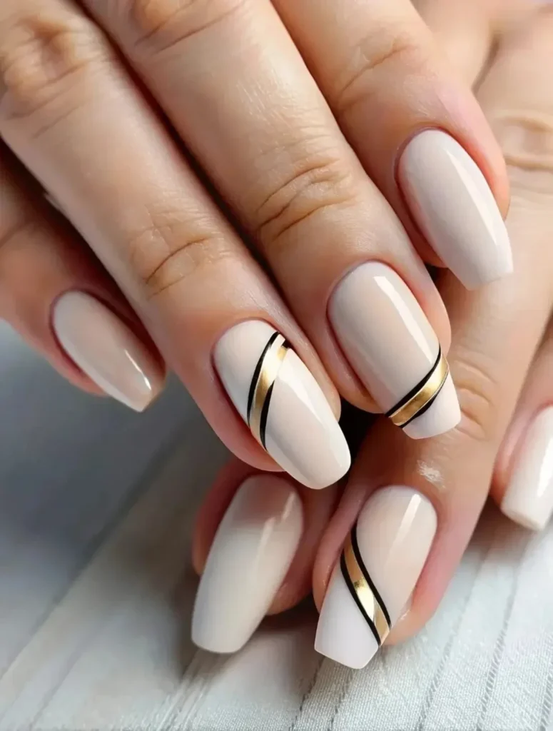 Black and Gold Diagonal Stripe Nails