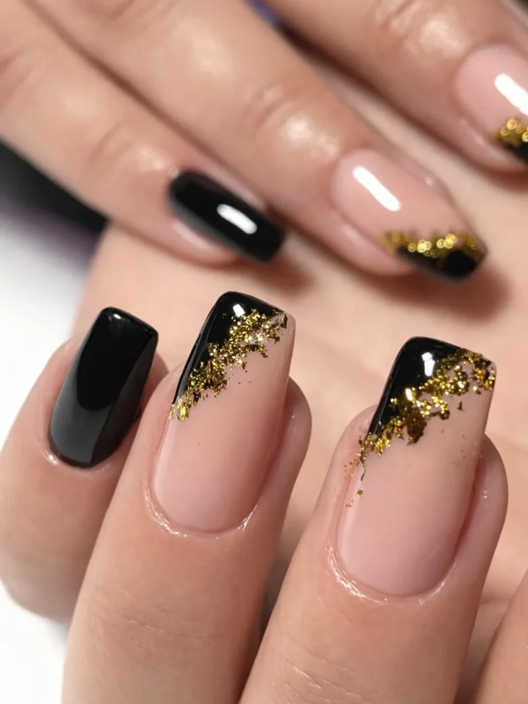 Black and Gold Foil Flake Nails