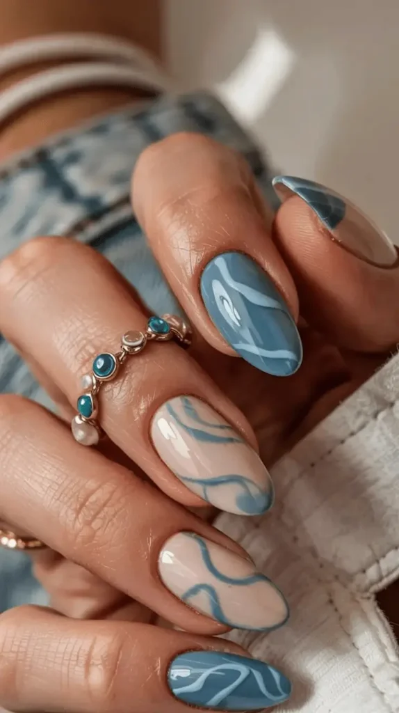 Blue and Nude Swirl Marble Nails 