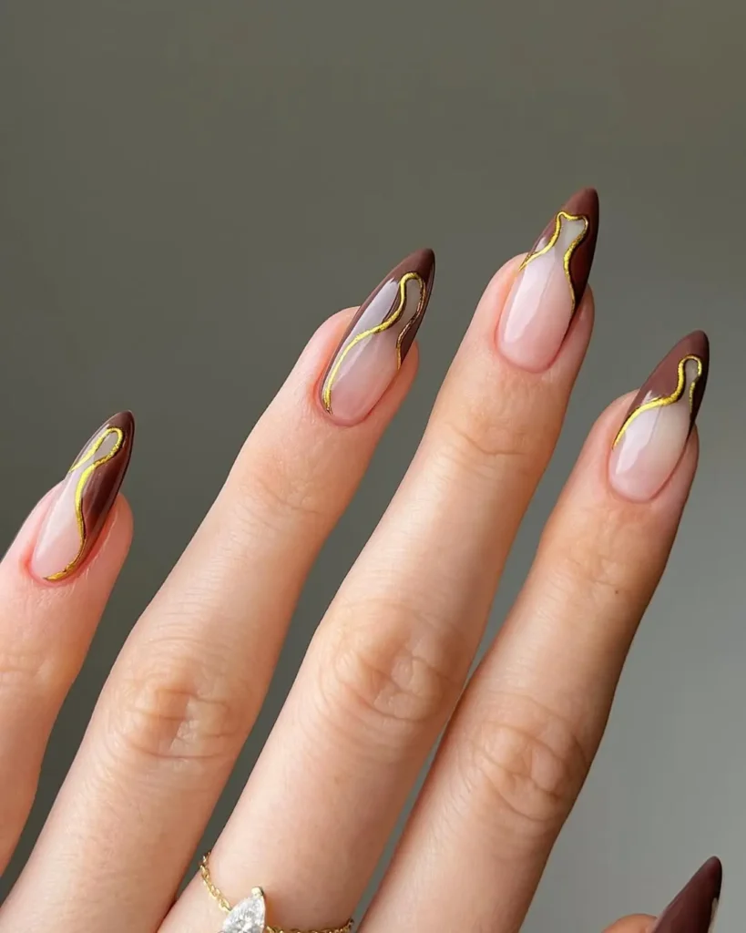 Brown Abstract French Tip Nails