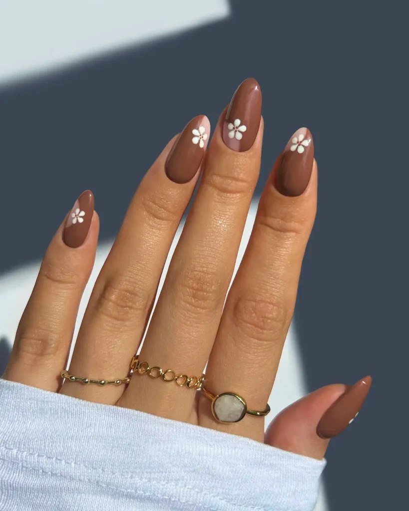 Brown Daisy Fall Press On Nails With White Flower Accent