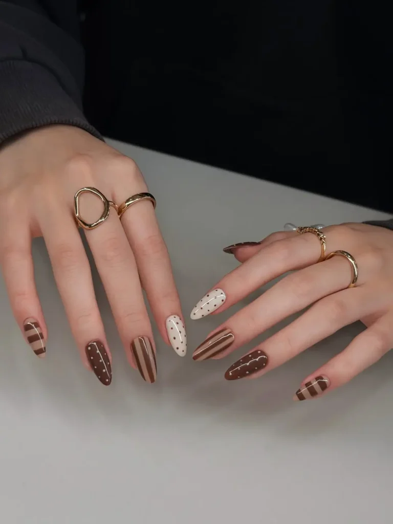 Brown Polka Dot and Striped Almond Fall Nails