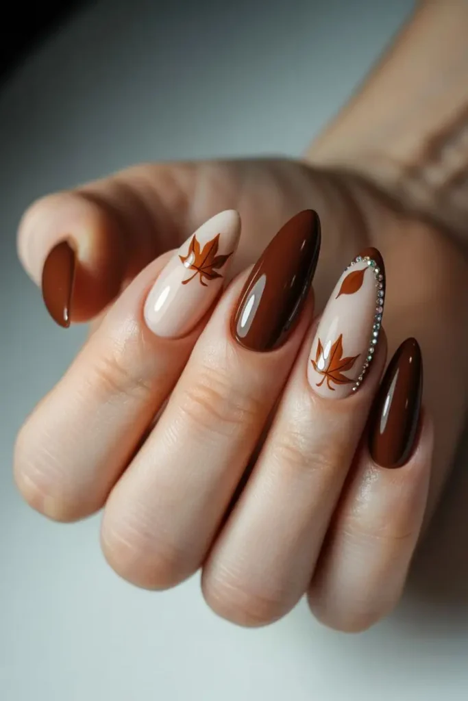 Brown and Cream Maple Leaf Nail Art with Rhinestones