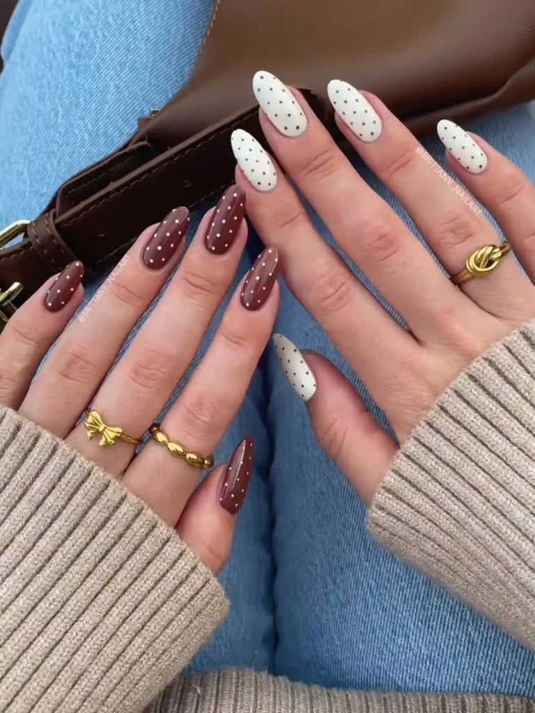 Brown and White Polka Dot Reverse Manicure