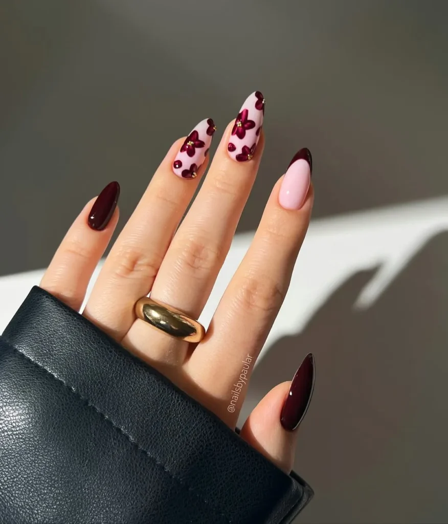 Burgundy Bloom Dark Nail 