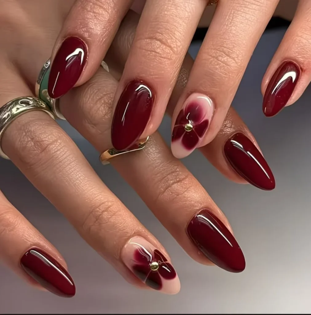 Burgundy Floral Accent Press On Nails Gold Detail