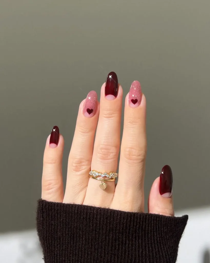 Burgundy and Pink Glitter Heart Accent Fall Nails