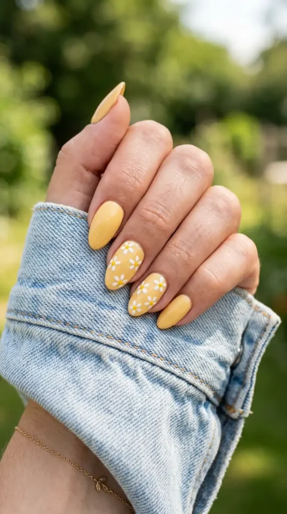 Butter Yellow Daisy Almond Nails