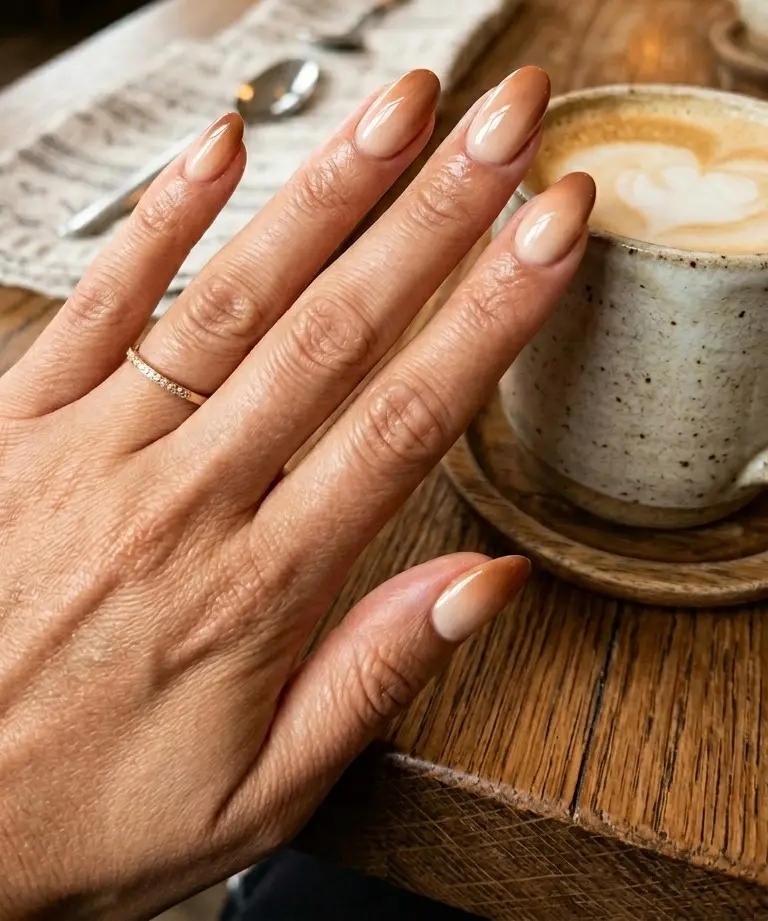 Caramel Latte Ombre Almond Nails At Cozy Coffee Shop