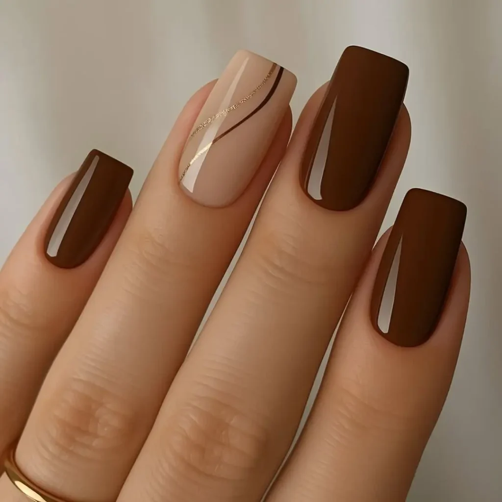 Chocolate Brown Square Nails with Gold Line Accent