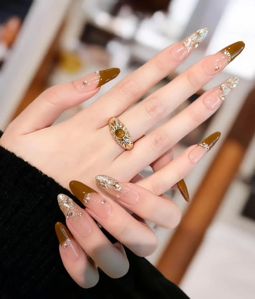 Coffee Brown French Tip Nails with Gold Foil Art