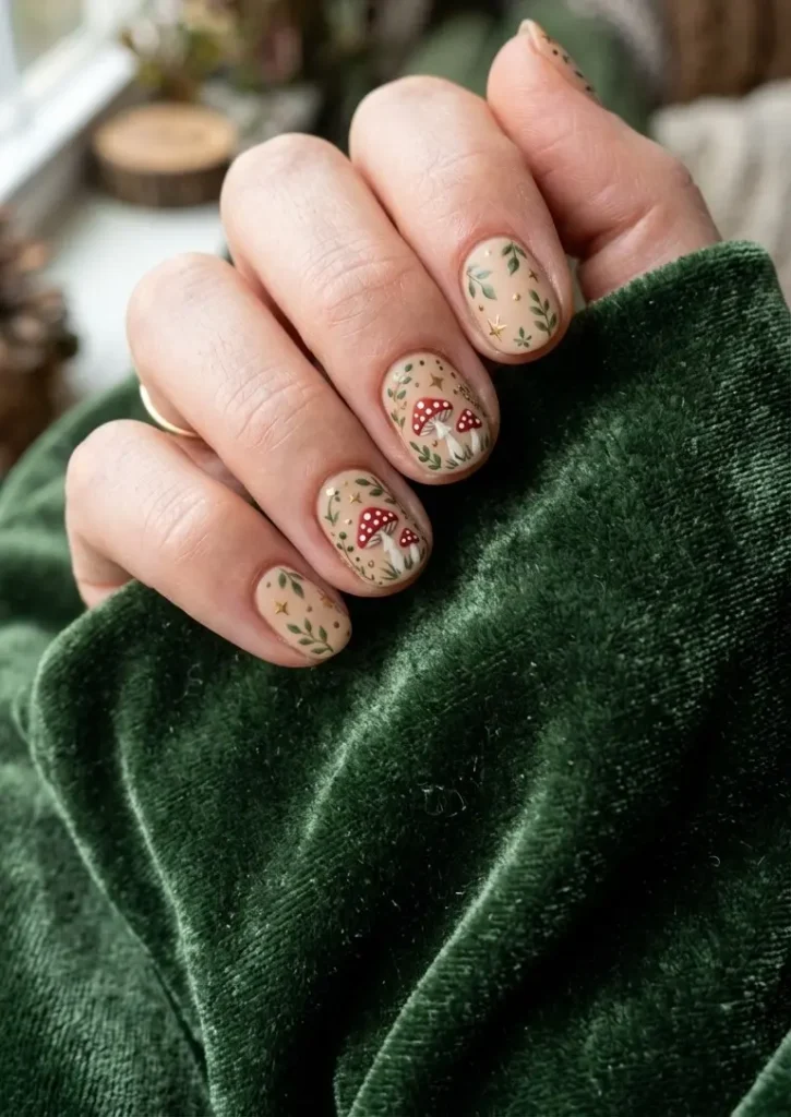 Cottagecore Mushroom Nail Art On Short Round Nails With Green Leaves