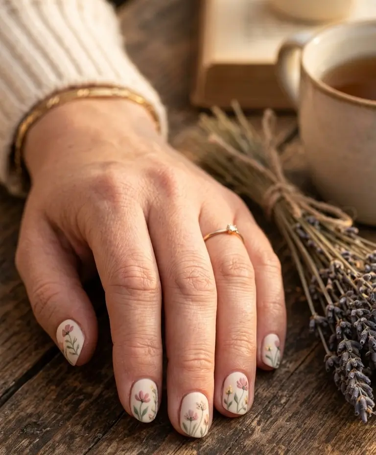 Cottagecore Wildflower Nail Art On Short Round Nails With Matte Finish