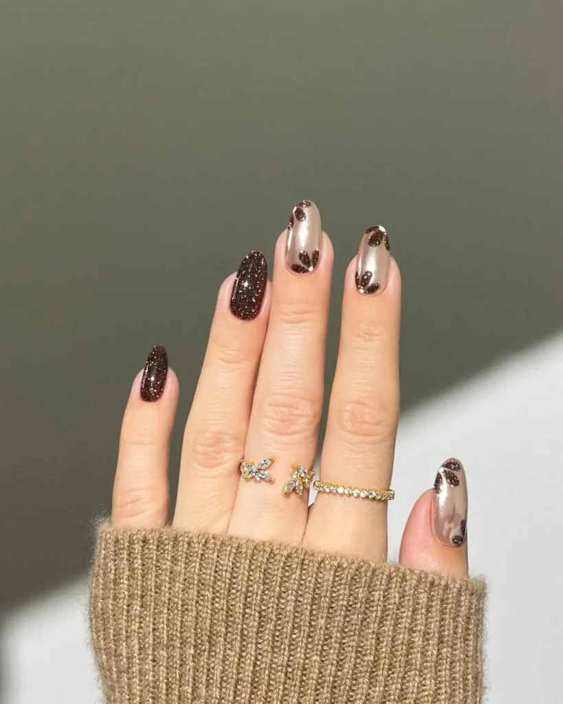 Dark Brown Glitter and Chrome Leopard Print Fall Nails