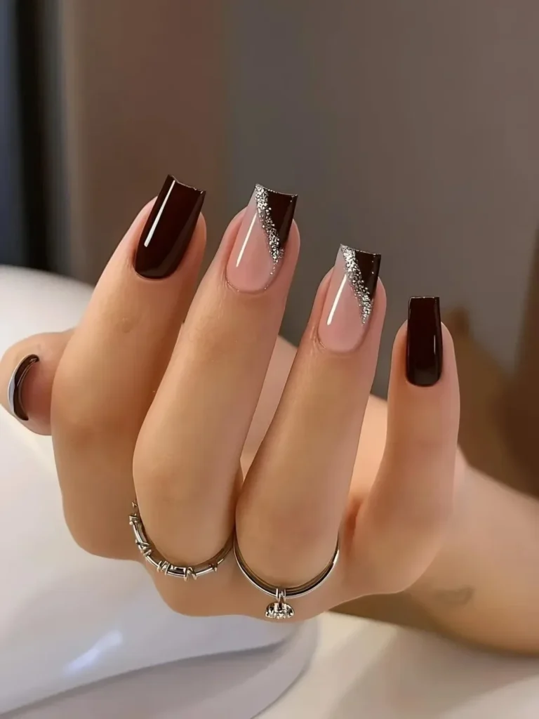 Dark Chocolate & Silver Diagonal French — Coffin Nails