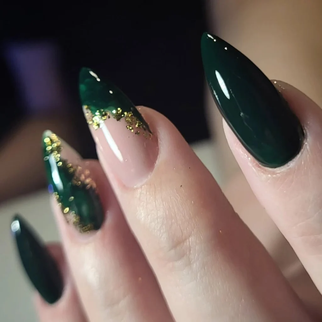 Dark Emerald Jewel Tone Nails with Gold Glitter Accent