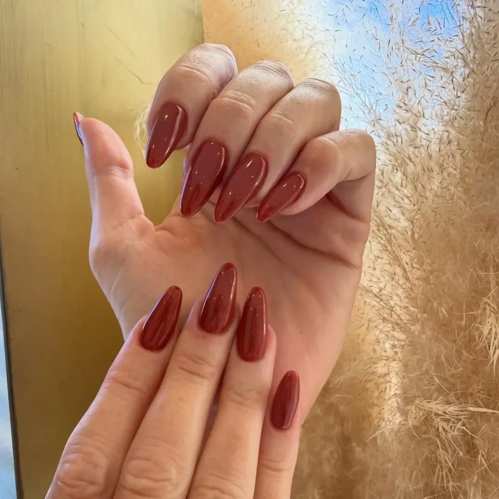 Deep Brick Red Almond Nail Color