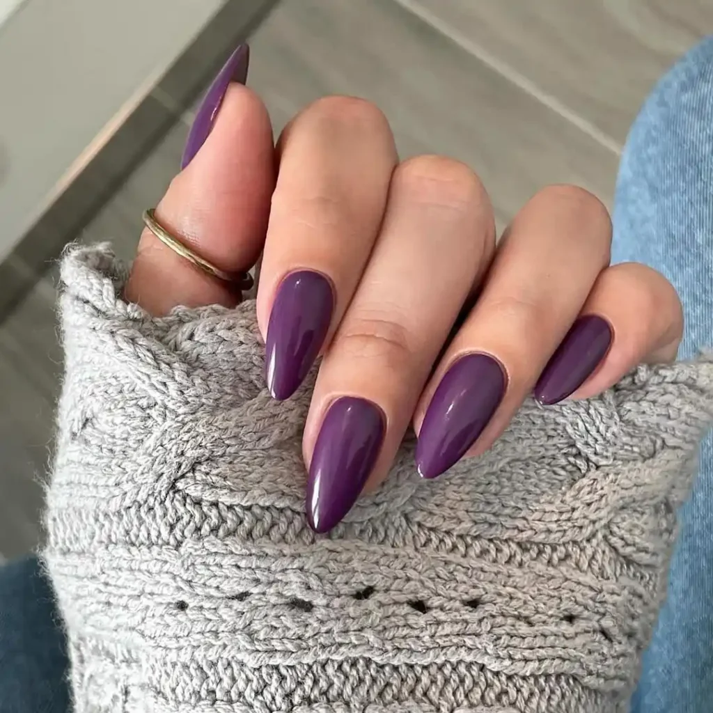 Deep Plum Purple Glossy Almond Fall Nails