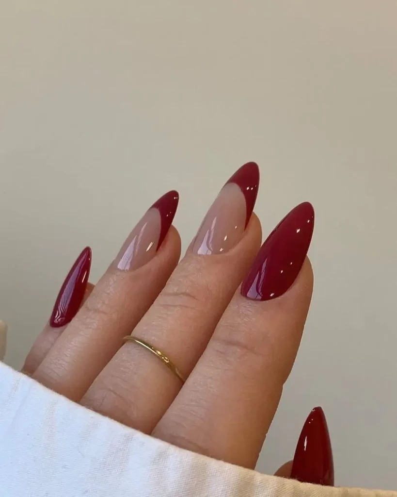 Deep Red French Tip Almond Nails