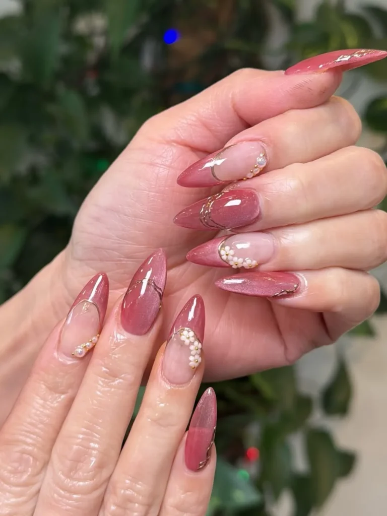 Dusty Rose Shimmer Nails with Gold Lines and Floral Details