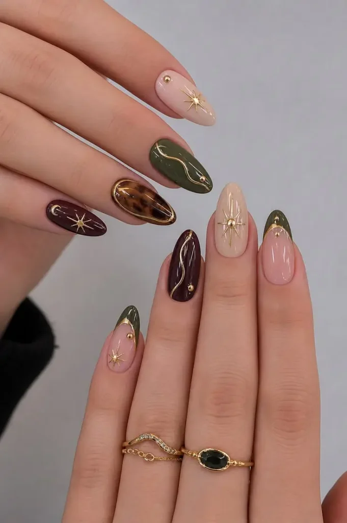 Earthy Luxe Mixed Tone Nails with Gold Celestial Details