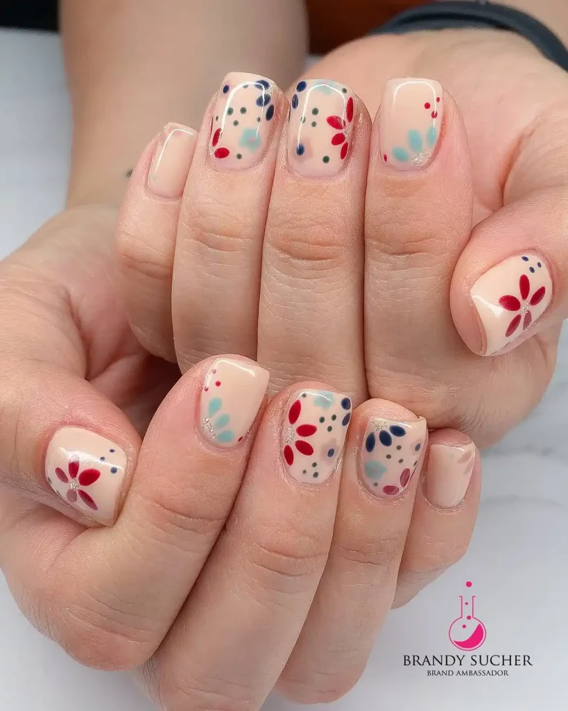 Fall Press On Nails Nude Floral Petal Dot Short Square