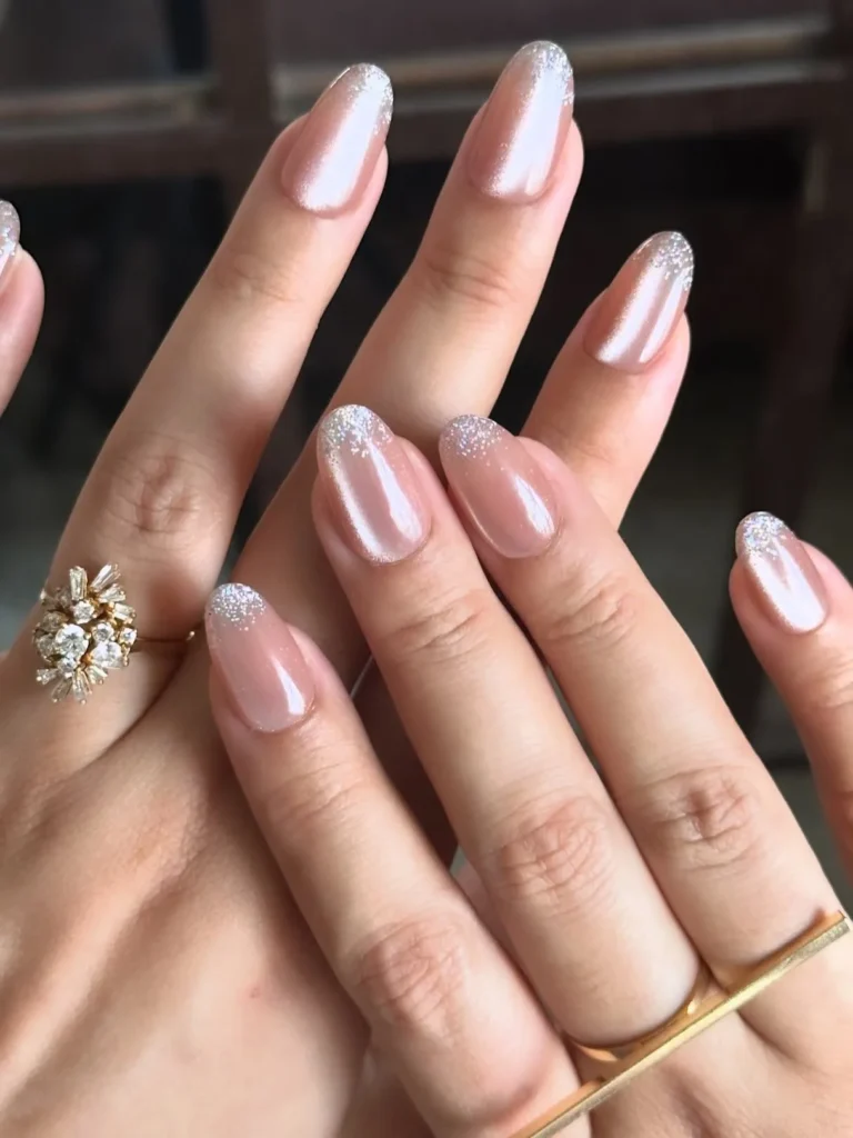 Fall Press On Nails Nude Shimmer Glitter French Tip
