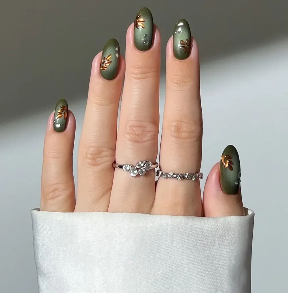 Fall Press On Nails Olive Green Matte Gold Leaf Gem