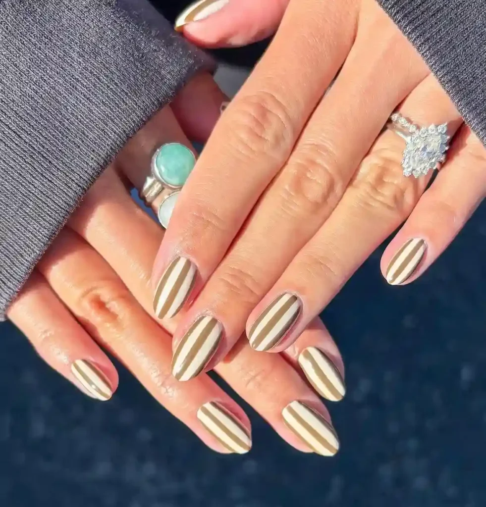 Fall Press On Nails Olive Stripe White Oval Design