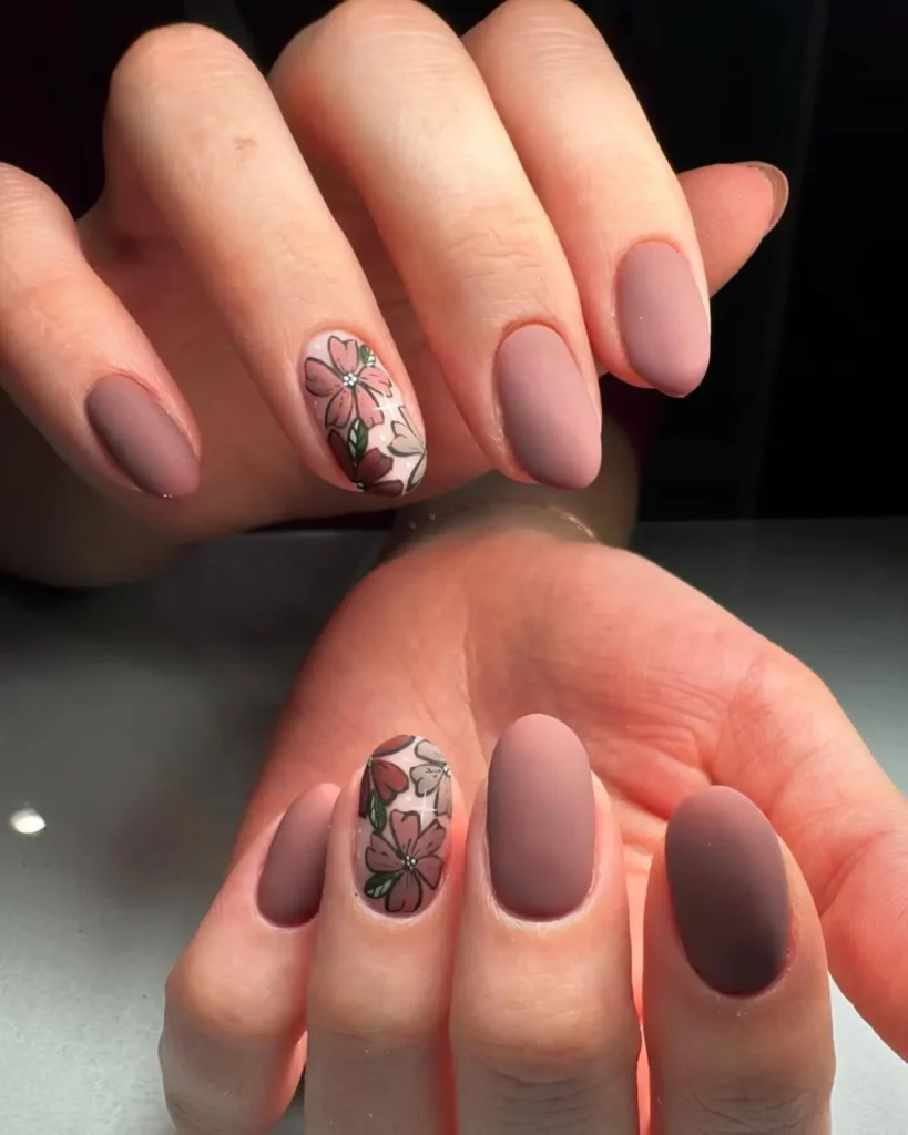 Matte Mauve Nails with Floral Accent Art