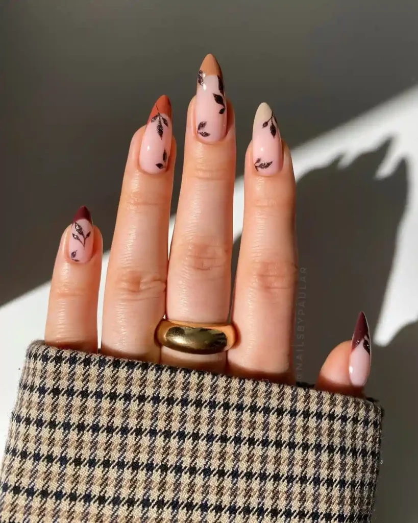French Tip Leaf Nail Art in Fall Colors