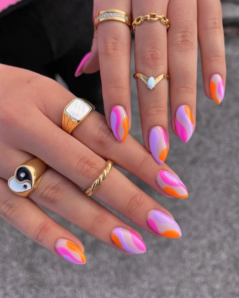 Funky Swirl Jewel Tone Nails in Pink Orange and Purple