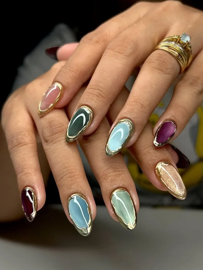 Gold Rimmed Bejeweled Jewel Tone Nails
