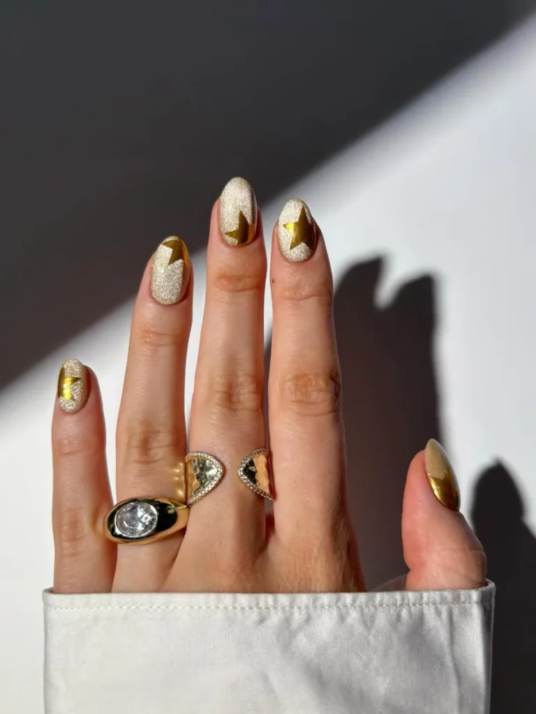 Gold Star Foil Glitter Nails