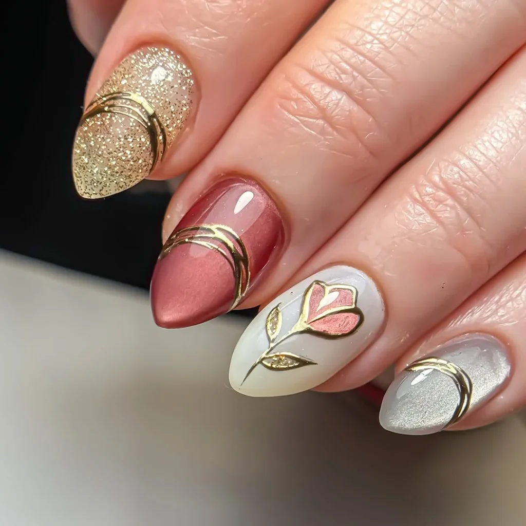 Gold Wire Floral Mix-and-Match Nails