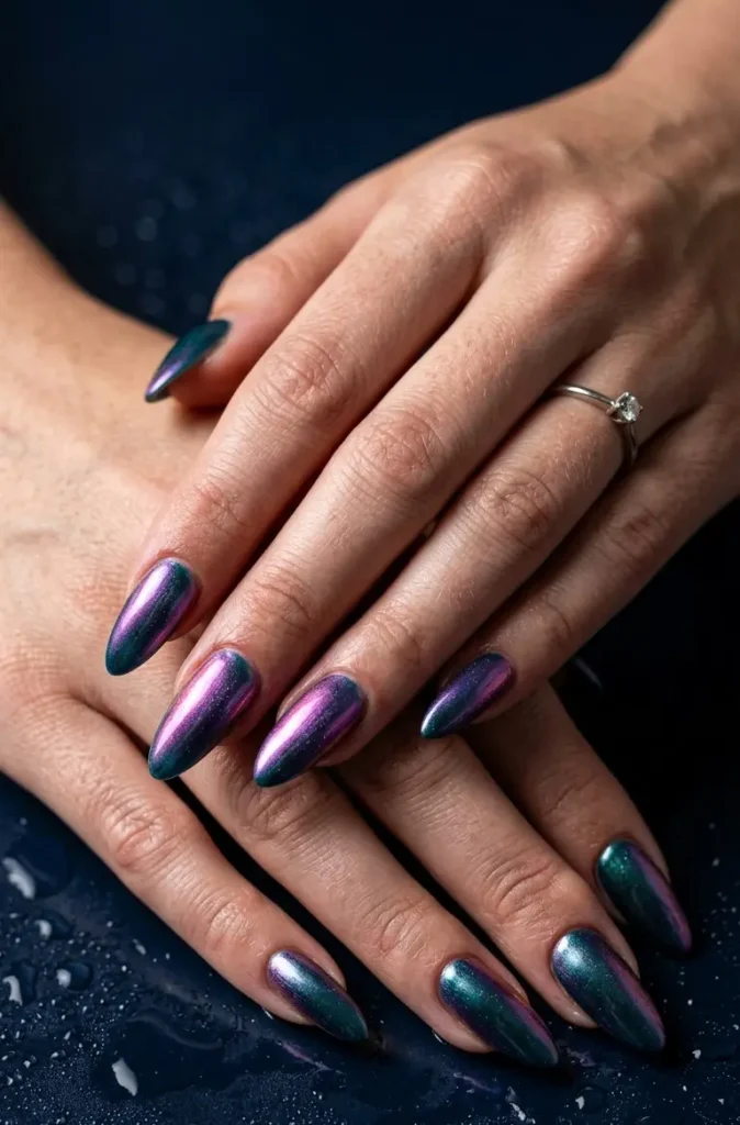 Iridescent Multichrome Mermaid Almond Nails In Teal And Purple