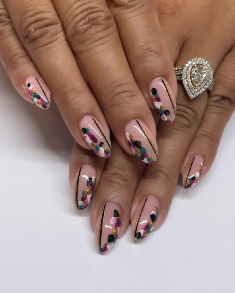 Jewel Tone Nail Art on Nude Base