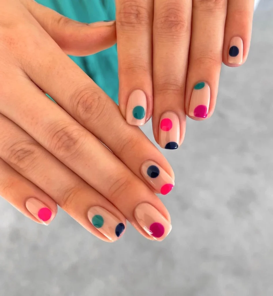 Jewel Tone Polka Dot Nails on Nude Base