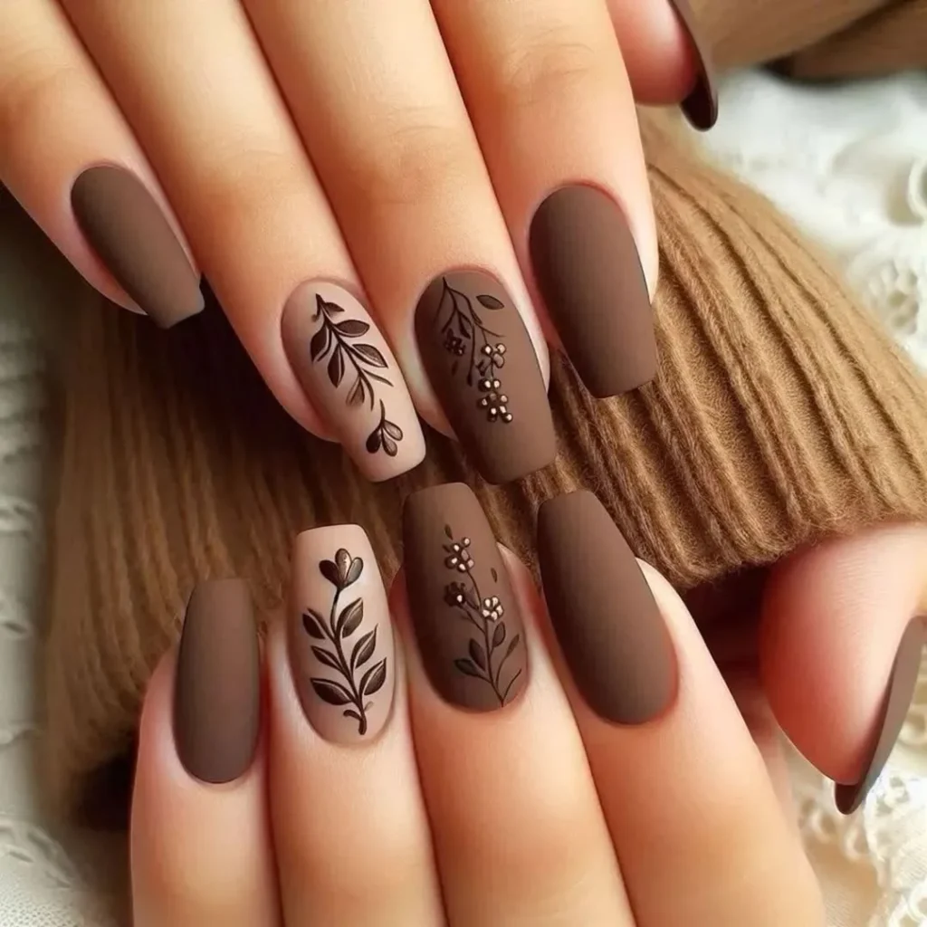 Matte Brown Botanical Floral Nails — Dark Academia Dream