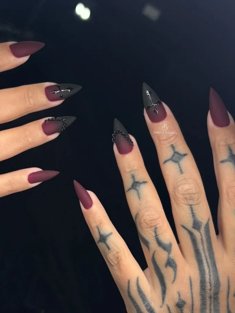 Matte Gothic Black & Burgundy Stiletto Nail