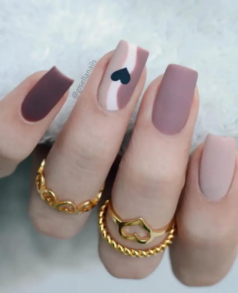 Matte Mauve Square Nails with Heart Accent Swirl