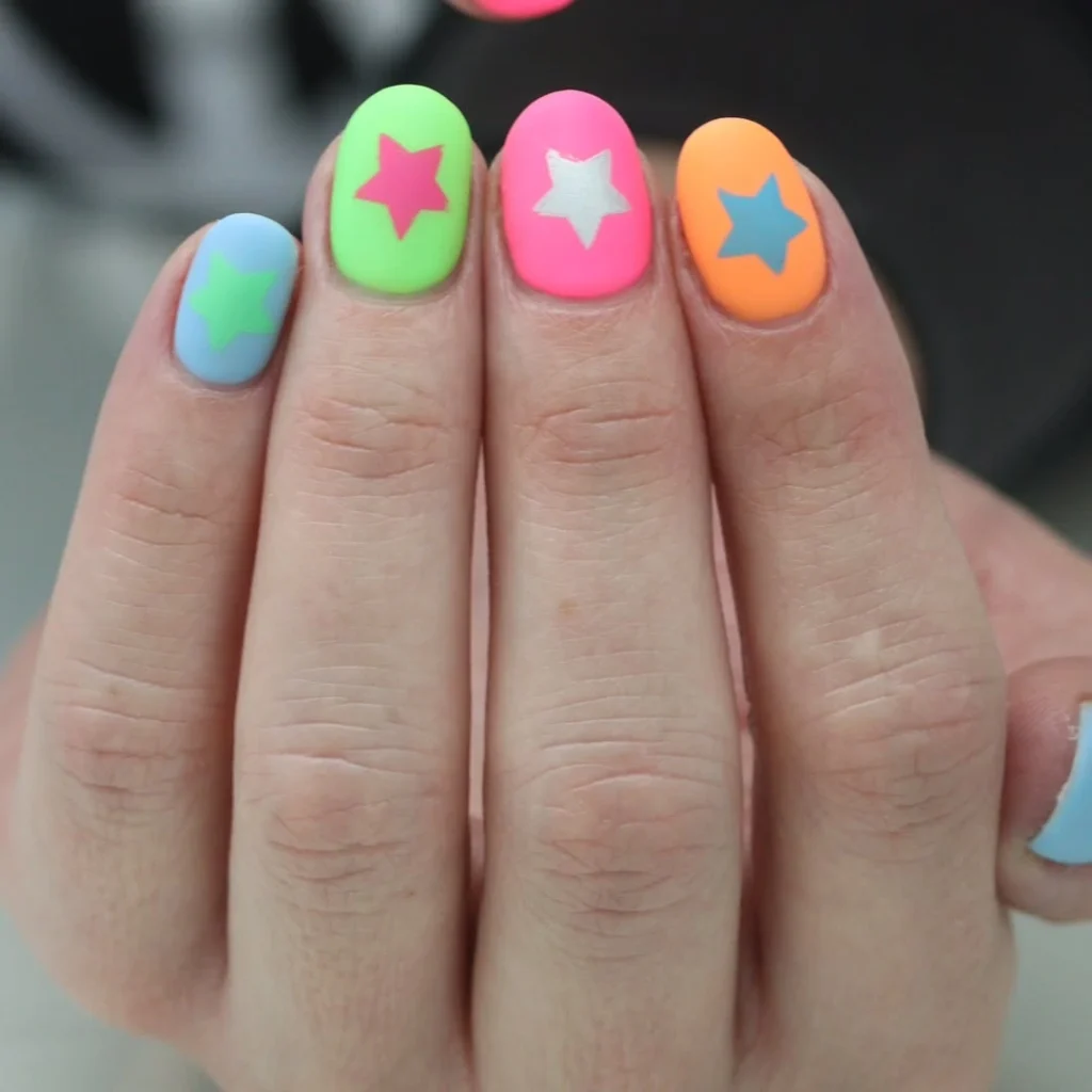 Matte Neon Star Color Block Nails 