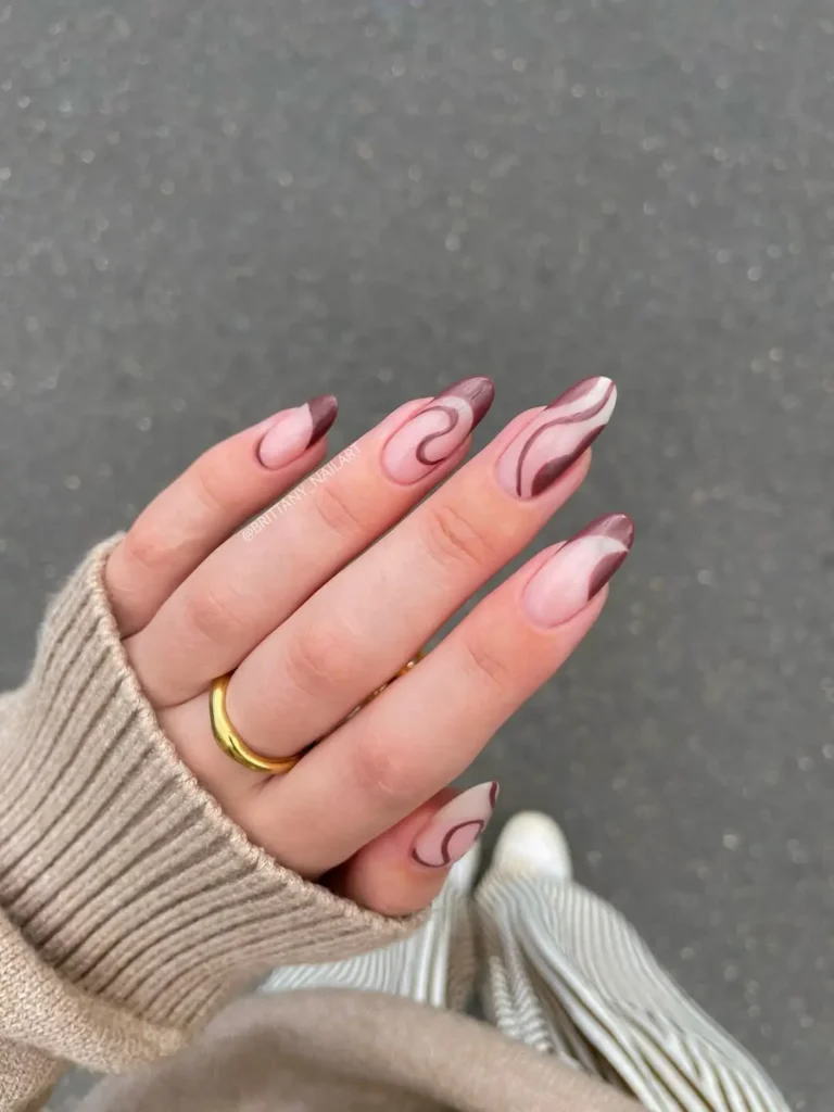 Mauve Swirl Nail Art with Chrome Tips for Fall
