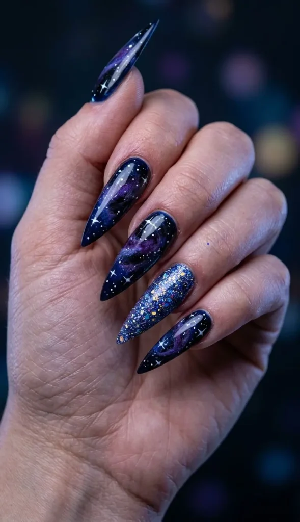 Midnight Galaxy Stiletto Nails With Star