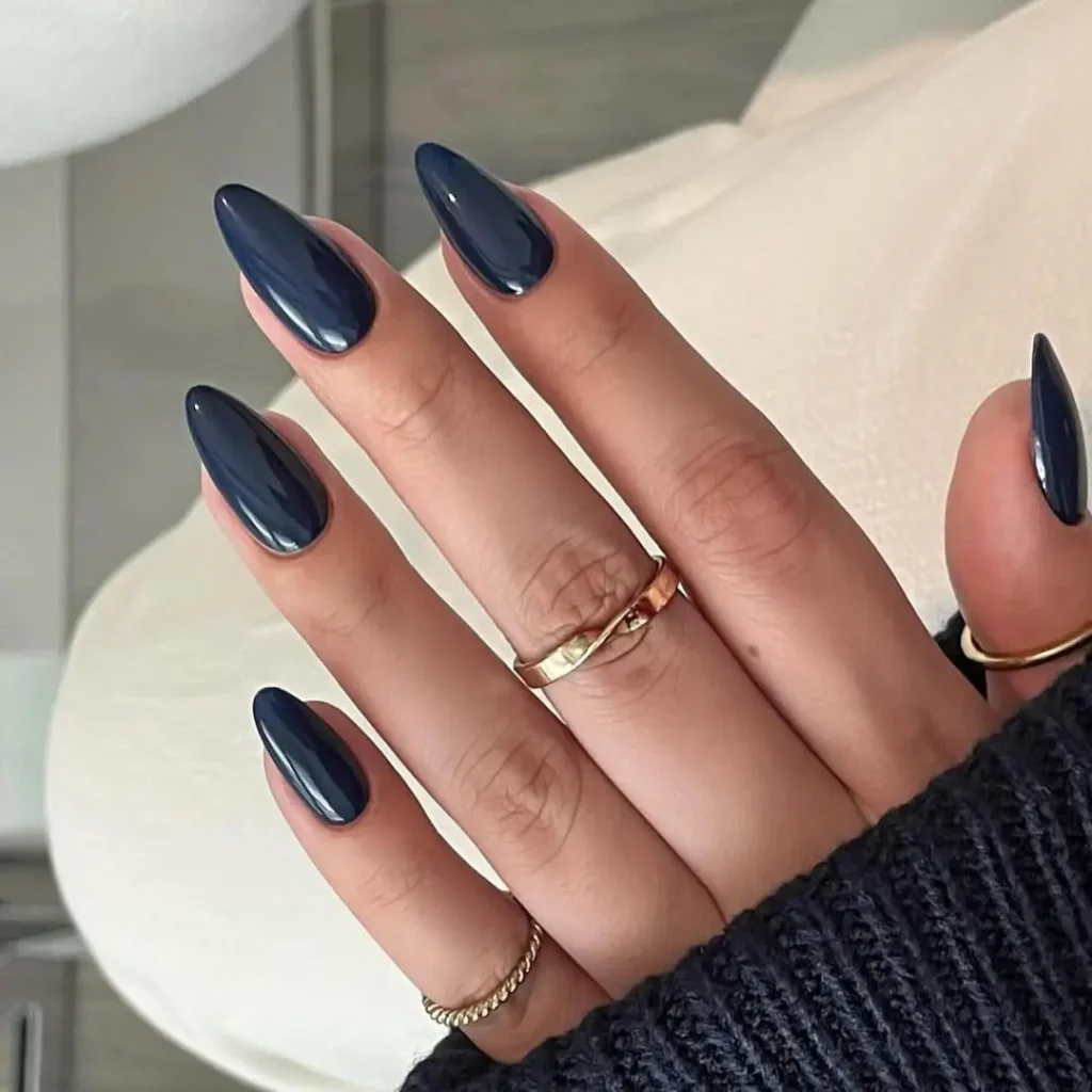 Midnight Navy Blue Glossy Almond Fall Nails
