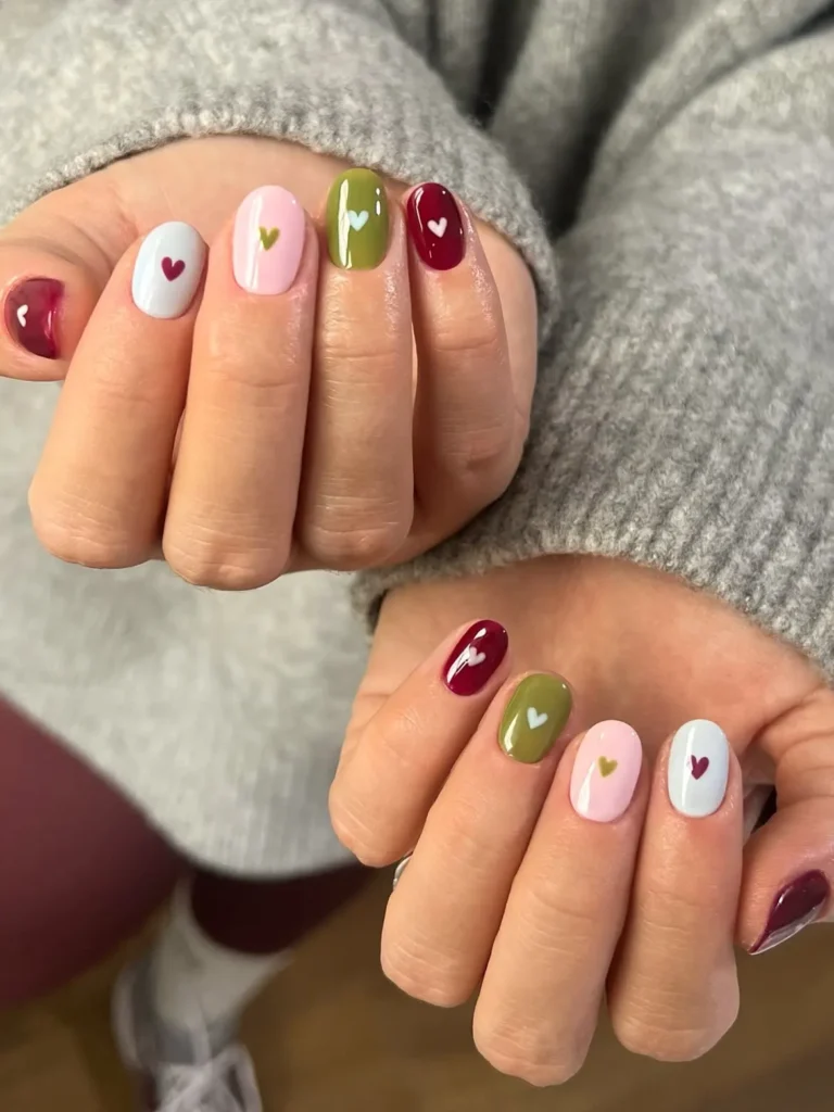 Multicolor Fall Heart Nails Short Oval Press On