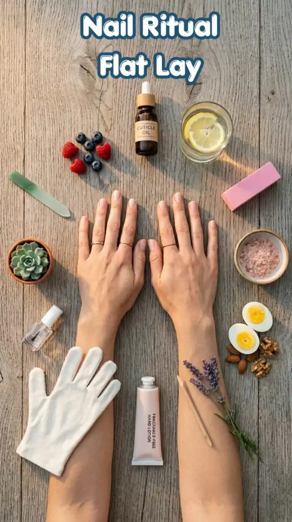 Nail Ritual Flat Lay 12 Healthy Nail Habits Tools and Nutrition Guide