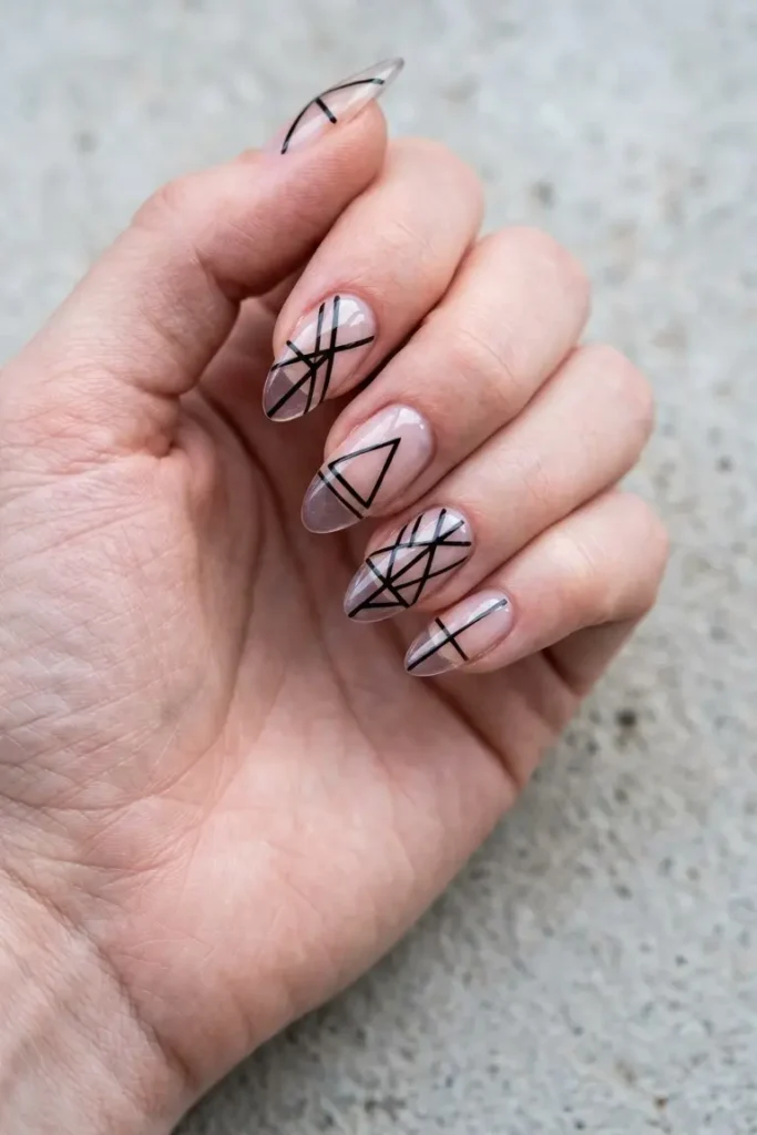 Negative Space Black Geometric Line Nails On Almond Shape