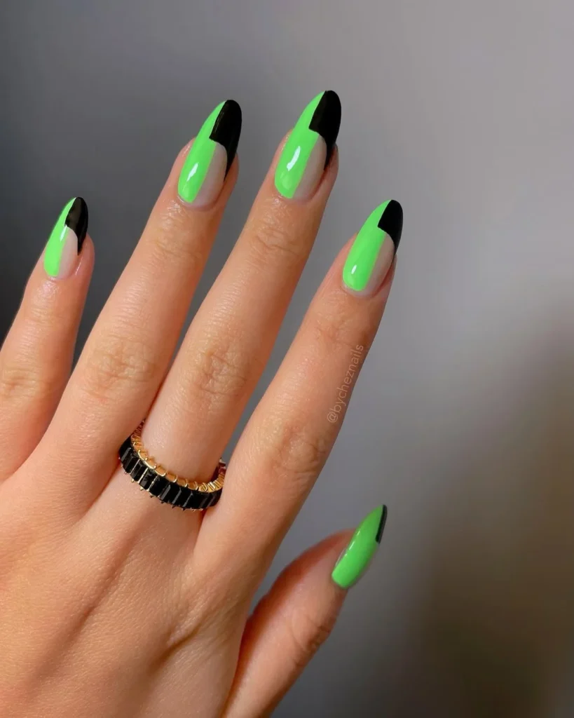Neon Green Black Tip Almond Nails